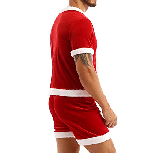Moily Men's 2Pcs Velvet Christmas Santa Suit Short Sleeves Button Down Tops with Loose Panties3