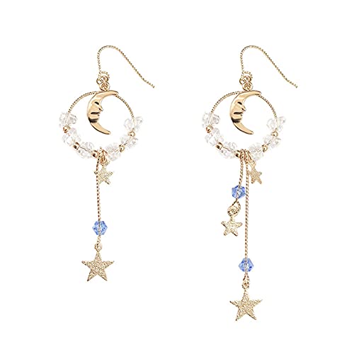 Asymmetrical Star Moon Tassel Drop Dangle Earrings for Women Dainty Long Lucky Star Crescent Planet Chain Tassel Earrings (Gold:C)