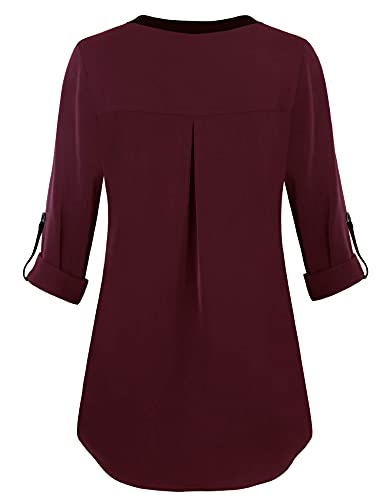 Gaharu Women Tops 3/4 Sleeve Ladies V Neck Zip Loose Casual Roll Sleeve Color Block Chiffon T-Shirt Blouse Tunic Dark Red,Large #TOP4