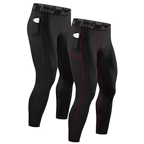 Runhit 2 Piezas Mallas Deporte Hombre con Bolsillos Compresion Pantalon Leggins Chandal Hombre Leggings Térmicos para Running Gym Yoga Moto Trekking Montaña Caza Jogger Muay Thai Golf Snowboard Ski