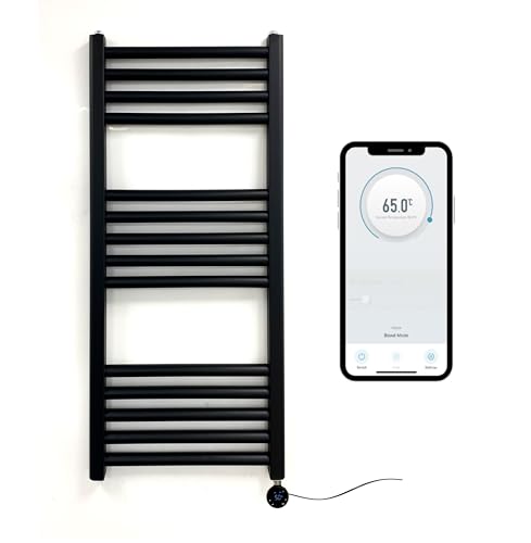Greened House Matt Black Electric Smart WiFi Controlled Heated Towel Rail 400mm W x 800mm H 7 Day Programmable Timer App Compatibility