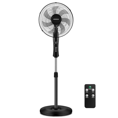 Aigostar Ventilador de Pie Silencioso, Mando a Distancia, 7 Aspas: Gran Caudal de Aire 2160m³/h, 3 Modos, 3 Velocidades, Temporizador 7.5 horas, Oscilación 80°, 118-133 cm, 50 W, Negro, Dave