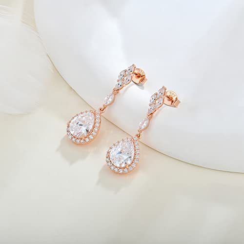 Fataci Women Bridal Wedding Earrings Rose Gold Plated Leaf Teardop Pearl Dangle & Drop Earrings With 5A Cubic Zirconia For Brides Bridesmaids Proms Jewerly Gifts #TOP2