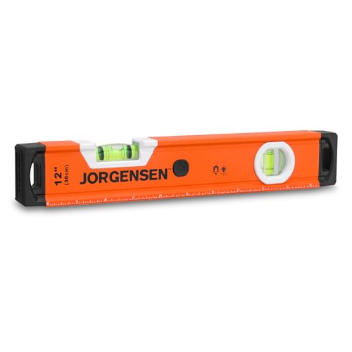 JORGENSEN 12 in. Magnetic Torpedo Level with 90°/180° Bubble Vials, Light Up Spirit Level, Shockproof Rubber End Caps, Metric & Imperial Scale, Aluminum Frame, for Home Installations & DIY by Jorgensen - Used condition - US$17.89