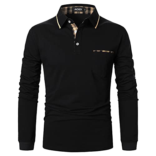 AIOIDI Polo Uomo Manica Lunga Slim Fit Cotone Strisce Plaid T Shirt con Tasche，Nero 1，M
