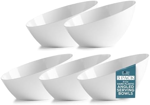 Posh Setting - White Plastic Serving Bowls for Party Angled Bowls Disposable Chip Bowls Candy Bowls for Party Table Salad and Fruit Bowls for Party Wedding Serving Bowls - White, 8 OZ, 5 Pack