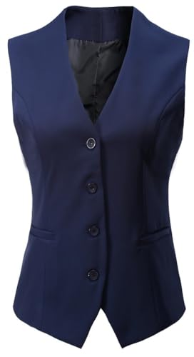 Foucome Women's Formal Regular Fitted Business Dress Suits Button Down Vest Waistcoat Navy Blue M