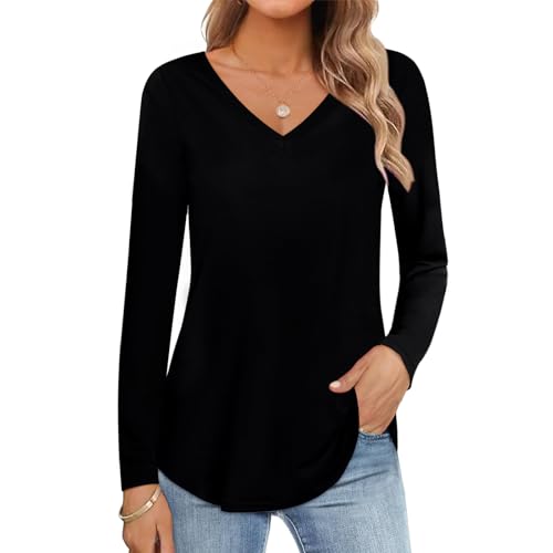 Womens Shirts Casual Long Sleeve Cotton T-Shirts V Neck Basic Fall Tees