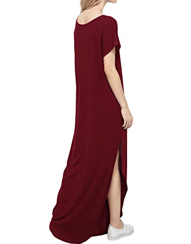 Image of Match Women's V-Neck Casual Loose Short Sleeve Long T-Shirt Dress Split Maxi Dress with Side Pocket