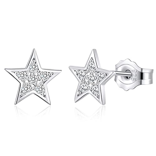Deyanse Silver Stud Earrings for Women, 925 Sterling Silver Stud Earrings with Cubic Zirconia, 7mm Star Small Sleeper & Cartilage White Gold Studs Earrings Gifts for Graduation with Gift Box