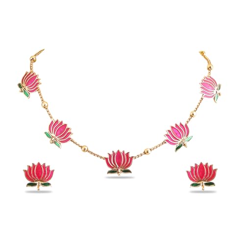 Image of Rubans Necklace Set Gold Plated Traditional Stylish Floral Theme Jewellery Gift for Women & Girls