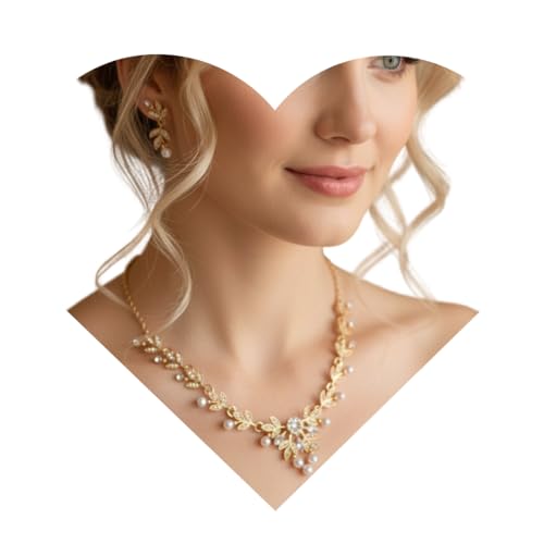 ONDEGO® Juego de joyas de perlas de estrás doradas, collar y pendientes con diseño de hojas, elegante joya para novia, para bodas, graduaciones, comuniones, galas y ocasiones festivas