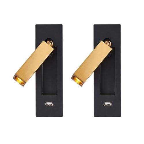 Lámpara de Pared LED de Lectura, Paquete de 2, luz de Noche Ajustable con Interruptor Oculto y Puerto de Carga, 3 W, 3000 K, latón Antiguo, Rectangular, Montaje en Pared.