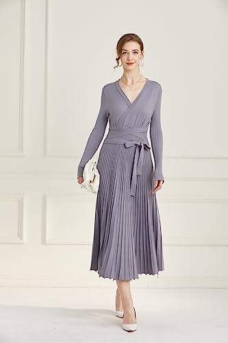 Image of Women's Long Knit Crewneck Sweater Dress Tie Waist A-Line Swing Pleated Bodycon