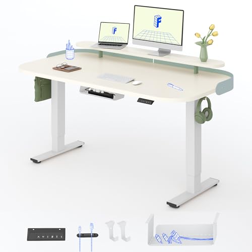 FLEXISPOT Elektrisch höhenverstellbarer Schreibtisch 140x80 cm – mit Monitoraufsatz und seitlichem Lederband, 71,5–116 cm, leiser Motor, stabil für Homeoffice (mousseweiß + Weiß Gestell)