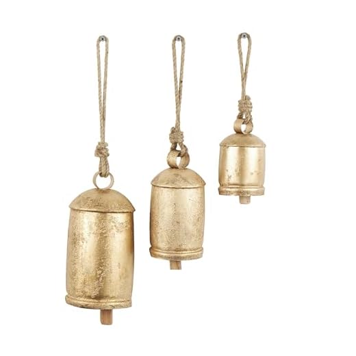 Deco 79 Gold Metal Tibetan Inspired Decorative Giant XL Cow Bells with Jute Hanging Rope, Set of 3 10",8",6"H - Cylindrical
