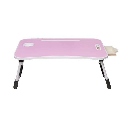Image of Amazon Basics Engineered Wood Foldable Laptop Table with Cup Holder, Tablet Groove and Mini Drawer (60L x 40W x 26H cm, Pink)