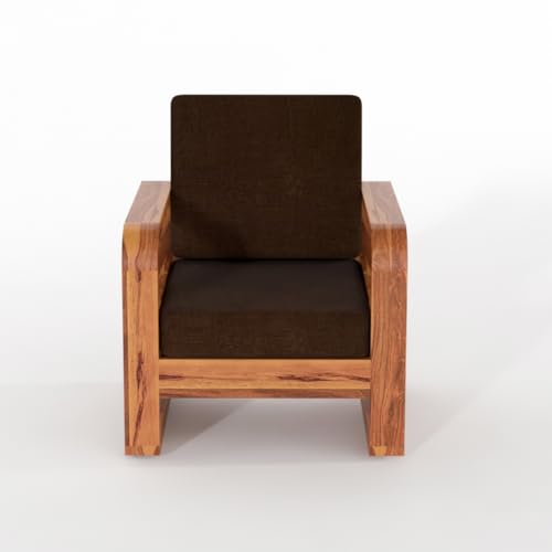 Image of Solid Sheesham Wooden 1 Seater Sofa for Living Room | Sofa with Side Pocket Storage & Cushion | Rosewood Sofa Set for Home (Honey with Brown Cushion, 1 Seater)