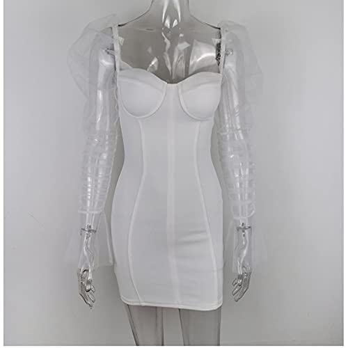 Image of Uni Clau Women Sexy Mesh Sheer Puff Long Sleeve Mini Dress Bodycon Deep V Neck Patchwork Party Clubwear Dress