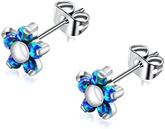 Titanium Opal Stud Earrings for Women Girls, Labret Flower Ear ring Hypoallergenic Birthstone Fire Opal Earrings for Sensitive Ears - Cartilage Lobe Earrings Jewelry