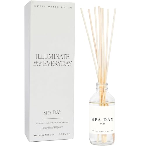 Image of Sweet Water Decor Spa Day Reed Diffuser Set - Sea Salt, Jasmine, Wood, and Cream Scented Diffuser - Relaxing Spa Scent Diffusers for Home, Long Lasting Fragrance, Made in the USA