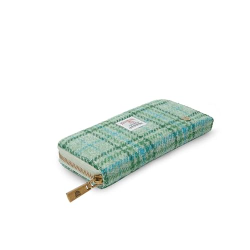 Image of Islander HarrisTweed & PU Leather women's long zip purse, Carry Cash & card, Scottish Style, Mint Tartan