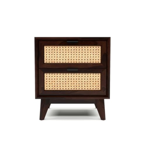 Image of Sheesham Wooden Bedside Table for Bedroom | Wooden Bed Side Nightstand Lamp Table with Drawer Storage for Home & Hotels | Solid Wood Bedside End Table in Rattan- Walnut Finish