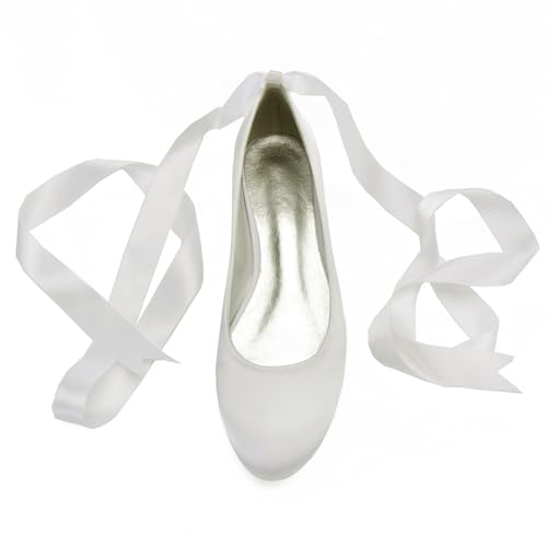 Generic Women's Wedding Bridal Shoes Satin Flats Round Toe Wedding Bridal Party Dress Pumps Satin Closed Mouth Ribbon Ballerina Shoes3