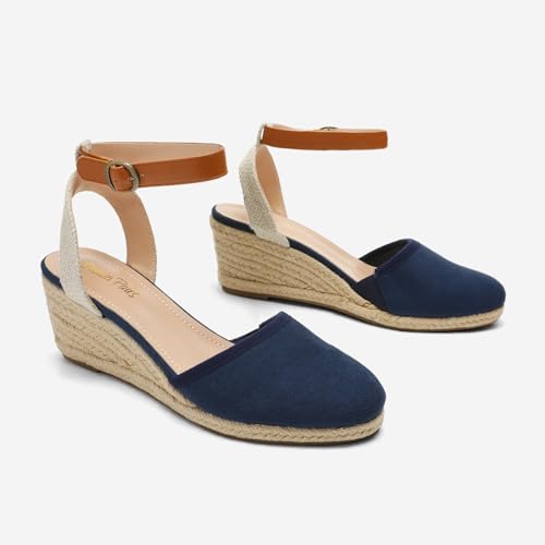 DREAM PAIRS DREAM PAIRS Wedge Sandals for Women, Espadrilles Wedges Closed Toe Sandals with Ankle Strap Navy Size 9.5 Amanda-3