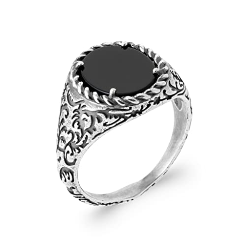 Bague chevalière homme en argent 925 vieilli sertie d'une agate véritable
