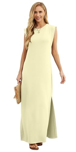 Image of GRECERELLE 2026 Women Year-Round Casual Round Neck Loose Split Wrinkle-Free Long Maxi Vacation Dress with Pockets (XXS-4XL)