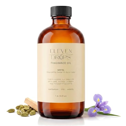 Eleven Drops Santal Fragrance Oil | Cardamom Iris & Woody Notes | Long Lasting Scent Reed Diffuser Oil for Home Office Hotel Spa Car & Linen Spray | Pet Friendly IFRA Compliant 16 oz
