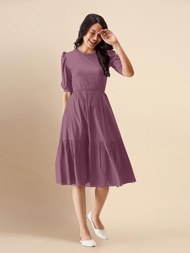 Image of TRENDMALLS Dress for Women Cotton Blend Round Neck Half Puff Sleeve Flared Pleated Midi Western Dress
