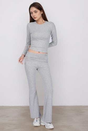 Two Piece Lounge Set for Women - Long Sleeve Round Neck Cropped Top and Flare Fold Over Leggings, Casual Pajamas4