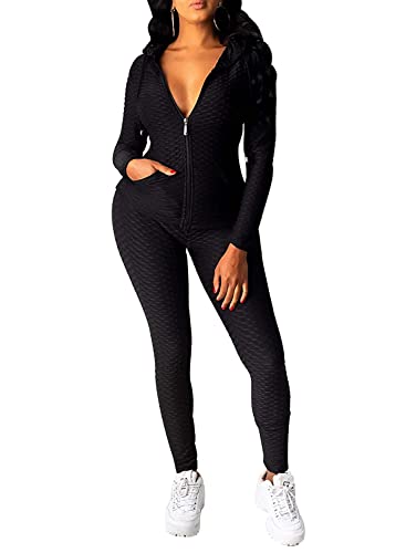 DOROSE Women Casual 2 Piece Sport Outfits Long Sleeve Pullover Hoodie Sweatpants Set Jumpsuits (Black, Large)