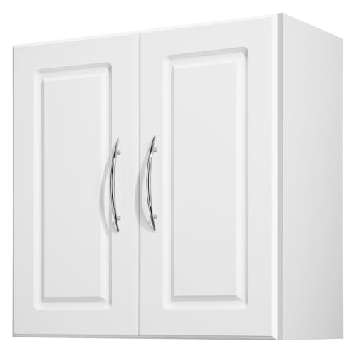 VEVOR Laundry Room Wall Cabinet, 2-Tier Wall Mounted Hanging Cabinet with Adjustable Shelf, Cupboard Storage with 2 Doors, for Kitchen, Bathroom, Laundry, 11.8 x 23.6 x 23.6 in (D x W x H), White