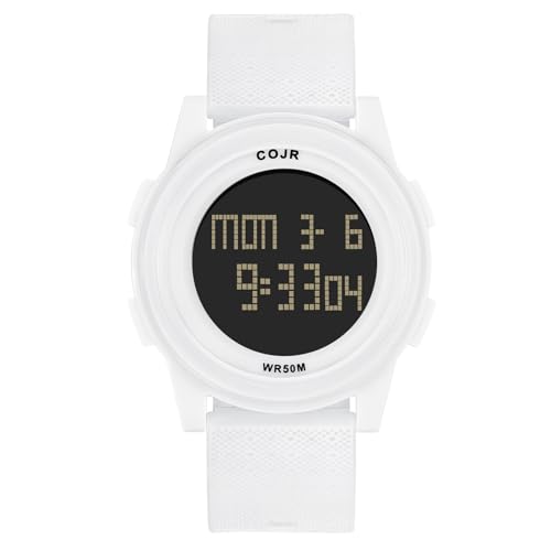 COJR Digital Watch, Ultra-Thin Minimalist Sports Watch 5ATM Waterproof with Stopwatch, Alarm, Countdown, Dual Time, LED, Date Wide-Angle Display Rubber Strap Wrist Watch for Men Women (White_B)