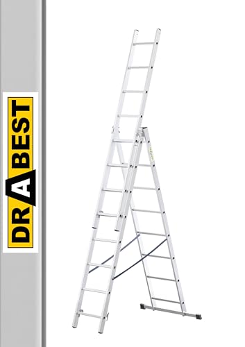 DRABEST - Hem - Aluminiumstege - 3x8 stegpinnar - Max. 4,02 m lång - Max. arbetshöjd 4,97 m - Upp till 150 kg - 3-delad - Multifunktionell, trappstegs, utdragbar hopfällbar stege - halkfri - justerbar