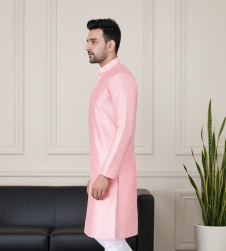 Image of Sadree Men's Silk Blend, Knee Length, Full Sleeve, Mandrin Collor, Solid Style, Attractive Colour, Solid Plain Kurtas