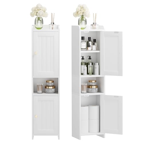 GLANZALANT Bathroom Cabinet with 2 Doors, 7.3 x 9.8 x 40.4 Inches, Small Freestanding Storage Cabinet with Adjustable Shelf, Floor Cabinet for Small Spaces, Bathroom, Entrances, Kitchen, White