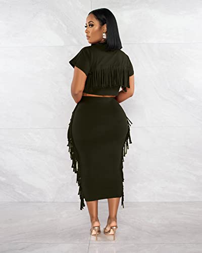 Image of YUEWOO 2 Piece Outfits for Women Sexy Crop Top Ruched Bodycon Maxi Dresses Fringe Skirt Sets Night Club Jumpsuits