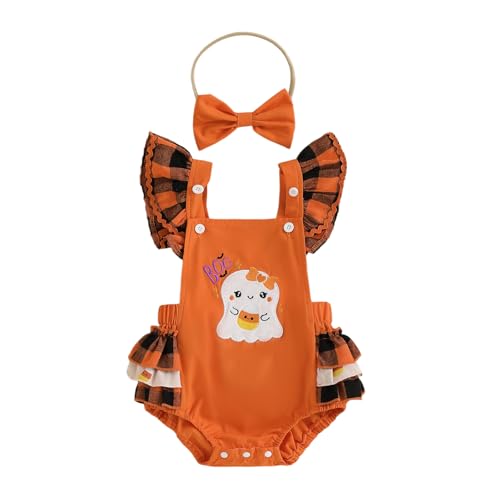 Image of Rarjuiey My First Halloween Baby Girl Outfit Newborn Ruffle Bubble overalls romper infant Onesie pumpkin Clothes costumes (Cute Ghost Orange, 0-3 Months)