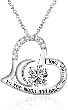 Necklaces for Women, 925 Sterling Silver I Love You to The Moon and Back White Sparkle Cubic Zirconia Moon Heart Pendant Necklace Jewellery Gifts for Women Girlfriend Mum Wife 18"+2" Chain