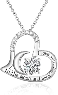 Necklaces for Women, 925 Sterling Silver I Love You to The Moon and Back White Sparkle Cubic Zirconia Moon Heart Pendant Necklace Jewellery Gifts for Women Girlfriend Mum Wife 18"+2" Chain