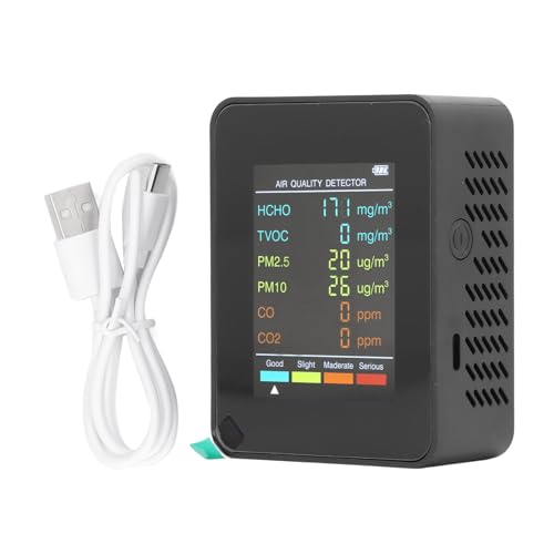 CO2-TVOC-HCHO-Detektor, Tragbarer PM2,5-PM10-Gesundheitsmonitor für den Innenbereich mit Alarm Zur Prüfung der Luftqualität (Black)