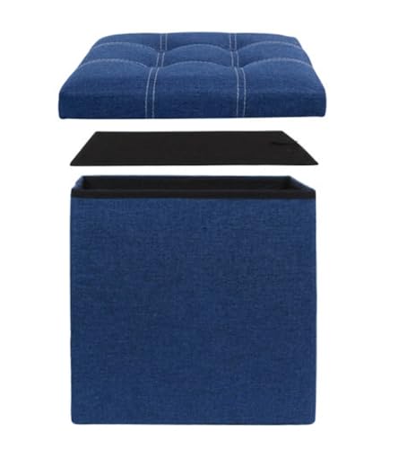 Image of HROY Folding Storage Ottoman, Fabric Linen Footrest Stool for Laundry, Storage Space, End of Bed Seat, Toys Storage Organizer Bin Box with Lidded Cover(38cm x 38cm x 38cm) (Blue, Square)