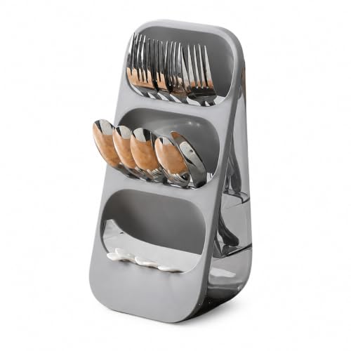 Image of Kitchen Utensil Holder with Drain Tray & Dustproof Cover | 3 Compartment Cutlery Organizer | Self Draining Countertop Storage Rack for Spoons Forks Chopsticks Kitchen Accessories (Grey)