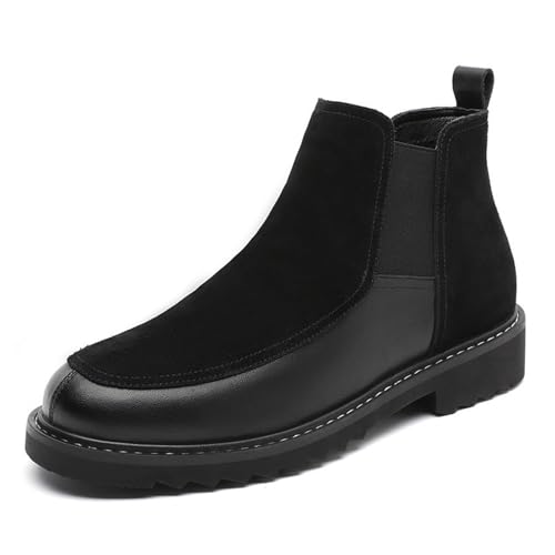 Men's Leather Suede Splice Low Heel Chelsea Boots Comfortable Round Toe Slip-On Warm Fur Lining Anti-slip Lug Sole Business Casual Ankle Boots Fall Winter Daily Work Dress Boots