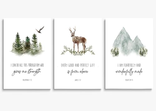 Image of SKYSUKEY Christian Nursery Decor Baby Bible Verse Wall Art Scripture Inspirational Prints Watercolor Forest Woodland Nursery Wall Decor Home Canvas Religious Decor