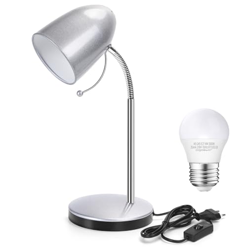 Aigostar Lámpara de Escritorio Retro de Metal, Flexo LED Escritorio con Cable de 153cm, Lámpara de Mesa con E27 Bombilla LED, Cuello de Luz Flexible, 4000K Luz Natural, Plata